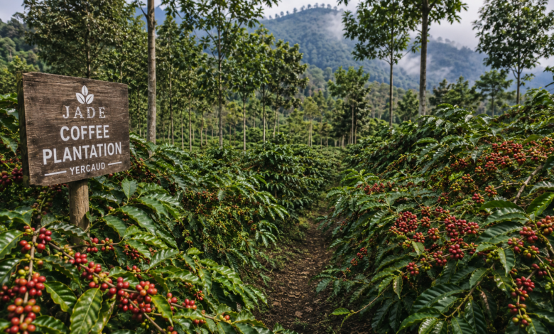 Coffee plants laden with ripe coffee cherries at Jade Coffee Plantation Yercaud