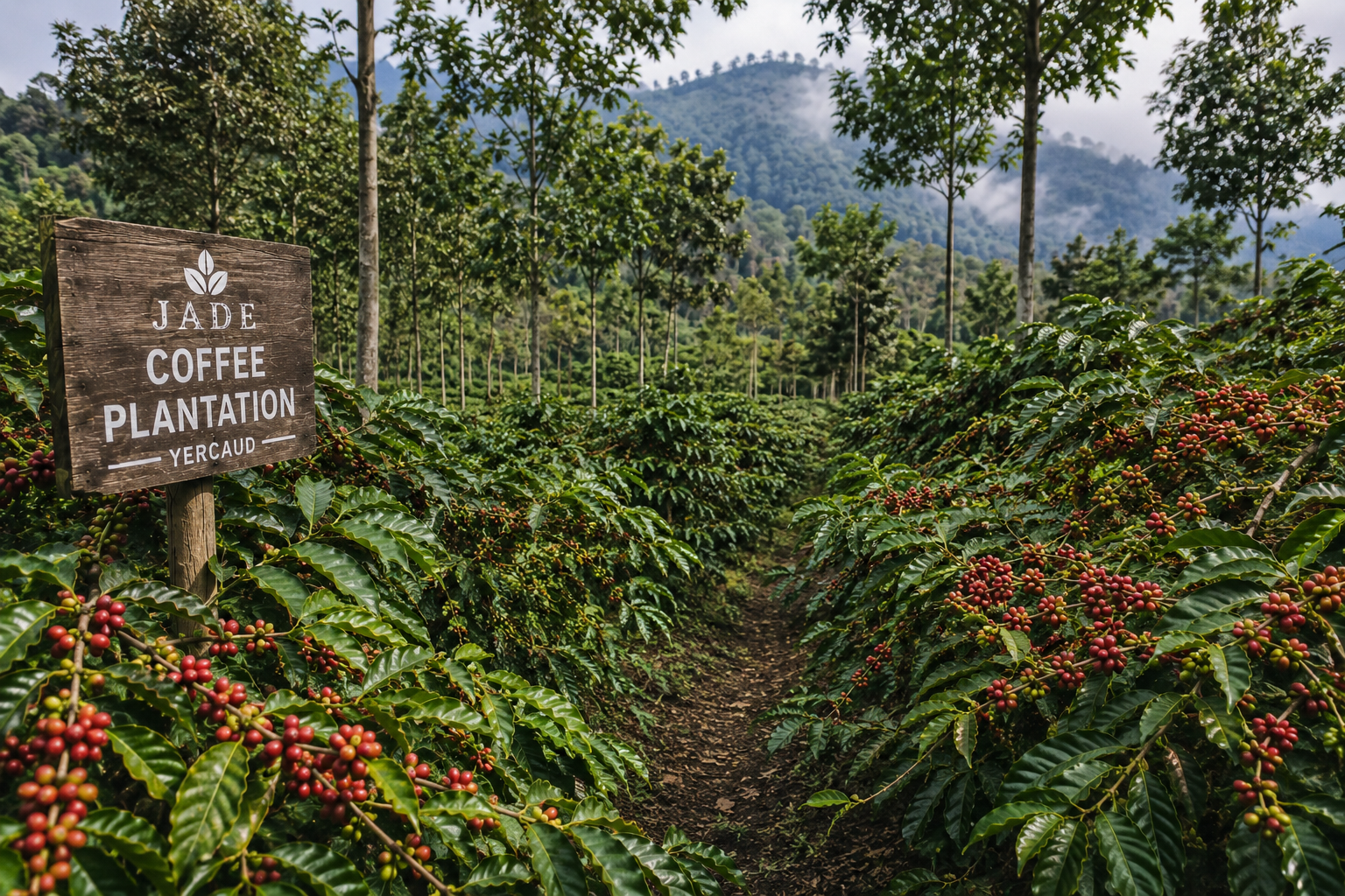 Coffee plants laden with ripe coffee cherries at Jade Coffee Plantation Yercaud